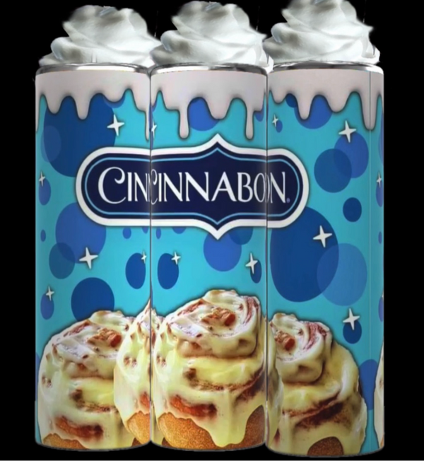 Three Kreative Kreationz Cinnabon 20oz Tumblers with Removable Lid Toppers, designed with whipped cream accents, stand side by side. The blue background showcases the Cinnabon logo and features illustrations of signature cinnamon rolls with icing dripping down the sleek design of each tumbler.