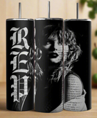 Three 20oz Skinny Tumblers from Kreative Kreationz showcase a grayscale image of a woman with wavy hair, text overlay, and bold 