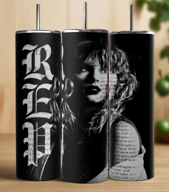 Three 20oz Skinny Tumblers from Kreative Kreationz showcase a grayscale image of a woman with wavy hair, text overlay, and bold 