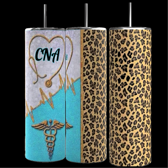 The set includes three 20 oz tumblers in blue from Kreative Kreationz, each adorned with medical-themed designs like stethoscopes, syringes, bandages, and a 