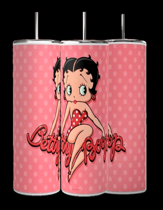 The Betty B 20oz Skinny Tumblers from Kreative Kreationz feature three pink polka-dotted designs with a black-haired woman in a red polka-dot swimsuit, accompanied by "Betty Boop" in red script. Enjoy your favorite beverage with this stylish and practical tumbler.