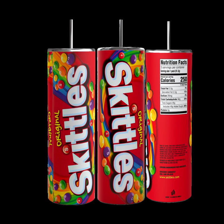 Three tall, cylindrical containers from the Kreative Kreationz brand are displayed. The front features the colorful Skittles logo along with assorted candy images. The middle container shows the back with nutritional facts, while the far left presents a Kreative Kreationz Skittles 20oz Stainless Steel Tumbler that keeps beverages hot or cold.