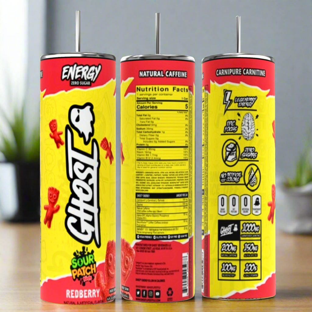 Three cans of Ghost energy drink are displayed alongside the stylish GHOST 20oz Skinny Tumbler with a reusable straw by Kreative Kreationz, perfect for keeping beverages hot or cold. The predominantly yellow cans with red accents feature the "Sour Patch Redberry" flavor. Natural caffeine, zero sugar, and supplement facts are highlighted.