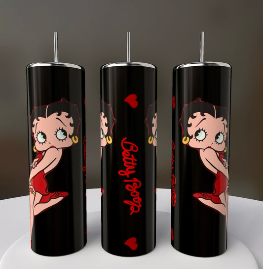 Three sleek Betty B White 20oz Skinny Tumblers from Kreative Kreationz feature a cartoon character in a red dress and earrings with red hearts and "Betty Boop" text, elegantly poised on a white surface to captivate any admirer.