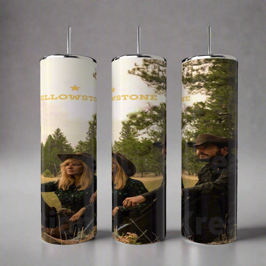 Three Kreative Kreationz Yellowstone 20oz Tumblers display a man and woman in Western attire outdoors near trees, with "Yellowstone" on the stainless steel surface.