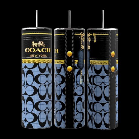 A set of three Coach Purse 20oz Tumblers by Kreative Kreationz, featuring durable construction and designed with light blue and black colors, elegant gold accents, and the iconic Coach New York luxury fashion brand logo patterns, is showcased against a black background.