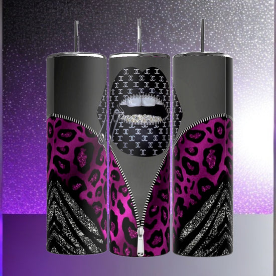 Three LV Purple Lips 20oz Tumblers from Kreative Kreationz, each featuring a face covered by a patterned mask and unzipping a jacket adorned with a black and purple leopard print on the top and black and white stripes on the bottom. Made with durable construction, these tumblers have a 20 oz capacity. The background is black.