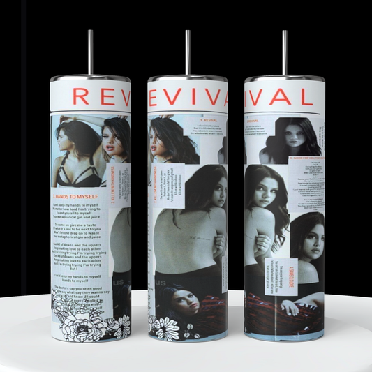 The Selena Gomez Revival 20oz Stainless Steel Tumbler, produced by Kreative Kreationz, comes in a set of three cylindrical designs. Each tumbler features distinct images and text from the album cover, primarily showcasing a woman in various black outfits with the word "REVIVAL" prominently displayed at the top. The tumblers also include album titles, lyrics, and elegant floral drawings at the bottom.