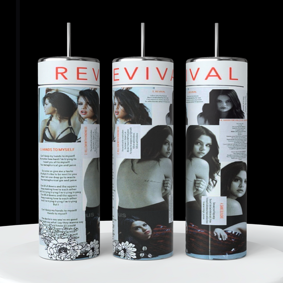 The Selena Gomez Revival 20oz Stainless Steel Tumbler, produced by Kreative Kreationz, comes in a set of three cylindrical designs. Each tumbler features distinct images and text from the album cover, primarily showcasing a woman in various black outfits with the word 