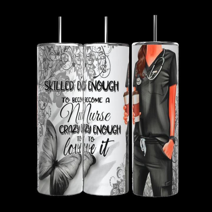 The Nurse 20oz Tumbler by Kreative Kreationz is a set of four cylindrical tumblers, each adorned with nurse-themed designs. One tumbler showcases a cartoon nurse wearing a stethoscope, another displays a leopard print with humorous "nutritional facts" about being a nurse. The remaining two feature motivational text celebrating the skills and passion of nurses. These durable tumblers are built to last.