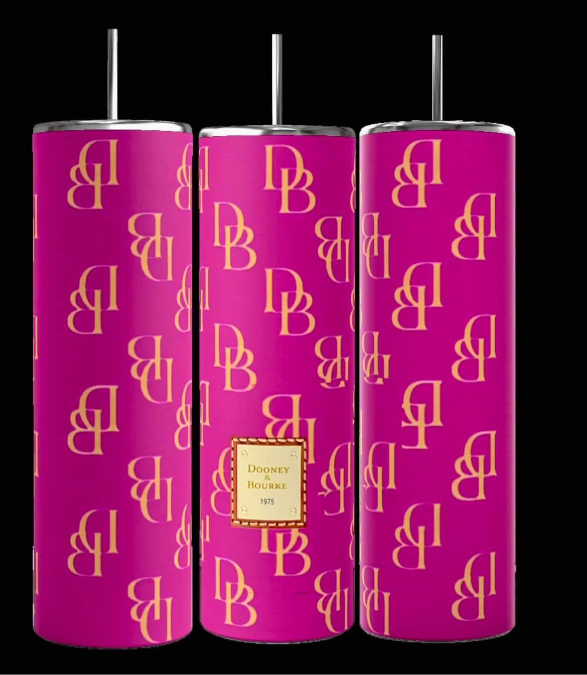 Kreative Kreationz's D&B 20oz Tumbler features a stylish design with a pink exterior, metallic lid, and reusable straw. It showcases the iconic yellow "DB" pattern and is enhanced by a gold label that reads "Dooney & Bourke 1975." The tumbler is also double-wall insulated for efficient temperature control.