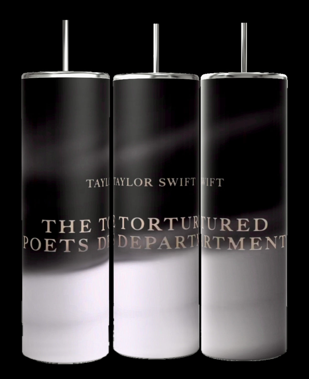 Kreative Kreationz presents three 20oz TTPD Skinny Tumblers with a black and white gradient design, featuring "TAYLOR SWIFT" and "THE TORTURED POETS DEPARTMENT." Each elegant tumbler is personalized, includes a straw, and offers a chic way to enjoy beverages on the go.