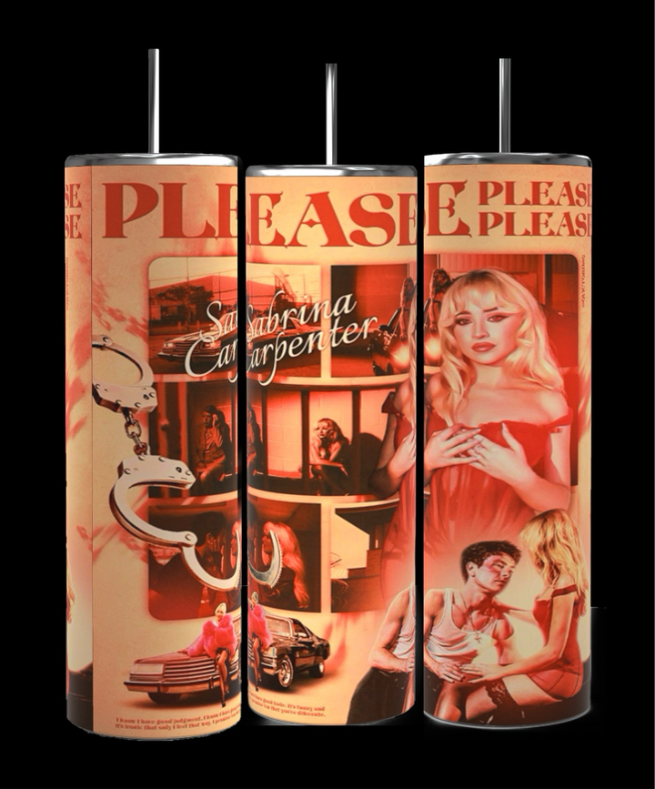 Three cylindrical 20 oz tumblers from Kreative Kreationz are shown side by side, each adorned with retro, vivid illustrations of people, handcuffs, and a sports car. Prominent text on the tumblers reads "PLEASE" and "Sabrina Carpenter." Each Sabrina Carlenter Please Please Please tumbler comes with a spill-proof lid and a reusable straw.