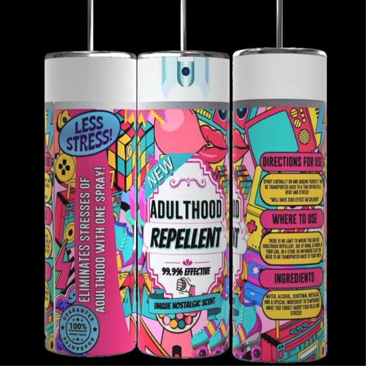 Image featuring three spray cans of "Adulthood Repellent" adorned with vibrant, comic-style graphics. The front can highlights the product name along with a promise to banish adulthood stress. The back can details directions, usage instructions, and an ingredients list. Enhance your relaxation experience by pairing it with the Adulthood Repellant 20oz Tumbler from Kreative Kreationz!