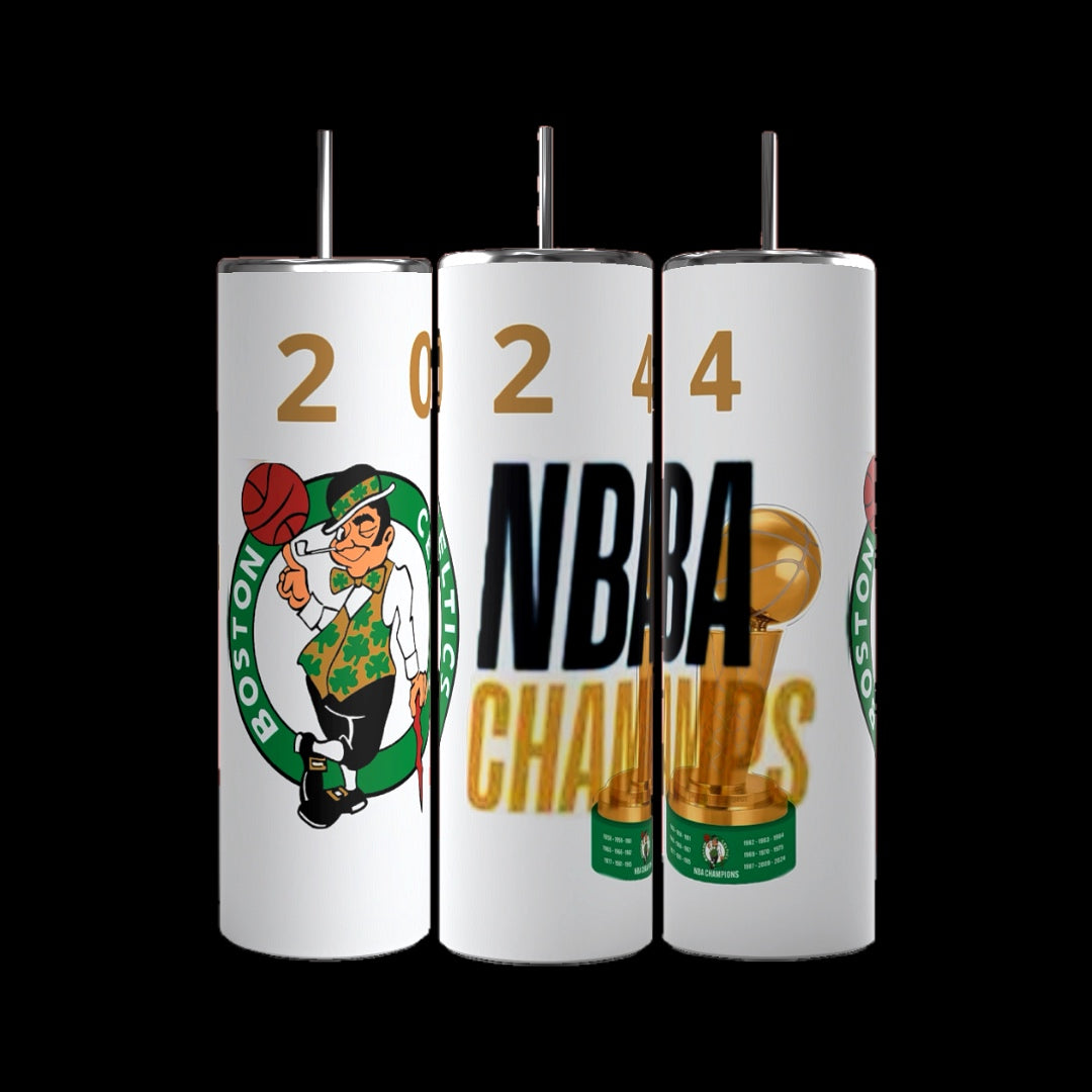 Three white Boston Celtics 2024 Champs Custom 20oz Tumblers by Kreative Kreationz are displayed in a row against a black background. The left tumbler features the Boston Celtics logo, the middle tumbler shows the digits "2024," and the right tumbler has the text "NBA Champs" in bold letters. These personalized tumblers make perfect memorabilia.