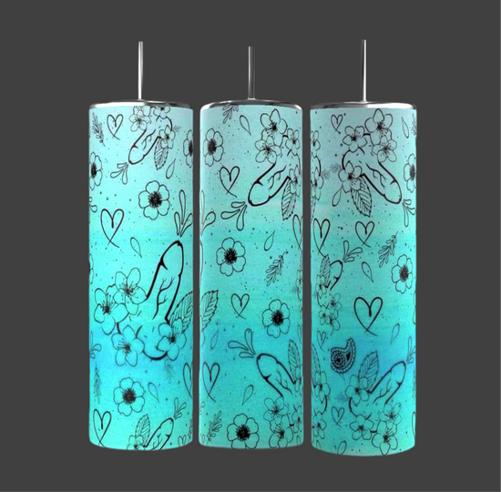 Three cylindrical candles with designs reminiscent of Kreative Kreationz's Adult Only 20oz Skinny Tumbler feature a blue-green gradient and black line art of birds, flowers, leaves, and hearts. They stand elegantly against a dark gray backdrop.