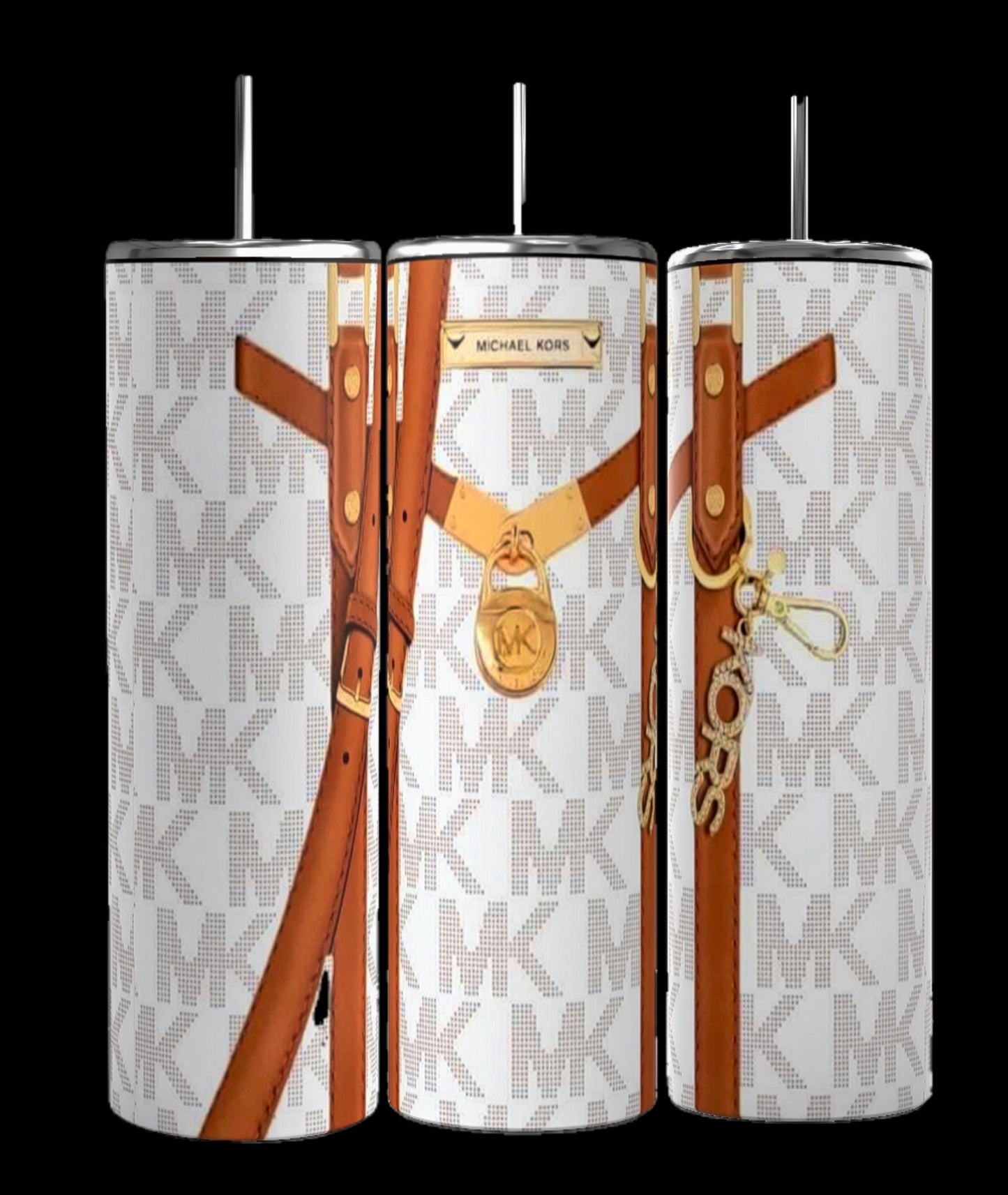 Three tall, cylindrical Kreative Kreationz Michael Kors Design Inspired White and Brown 20oz Tumblers, featuring brown strap designs and repeating "MK" initials in the background. These durable tumblers come with metal straws and keep beverages hot or cold, set against a blurred city lights background.