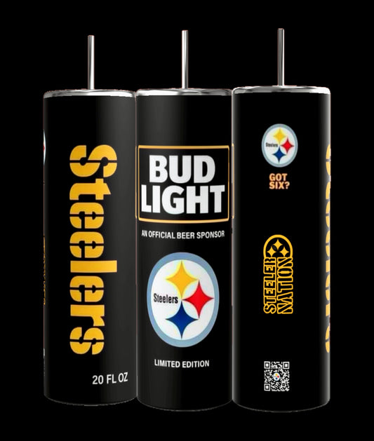 Kreative Kreationz presents the Pittsburgh Steelers NFL 20oz Skinny Tumbler. This set of three tall black tumblers features Steelers branding, QR codes, and spill-proof lids. One tumbler reads "Bud Light," "Official Beer Sponsor," and "Limited Edition," while others display "Steelers Nation" and "Got Six?".