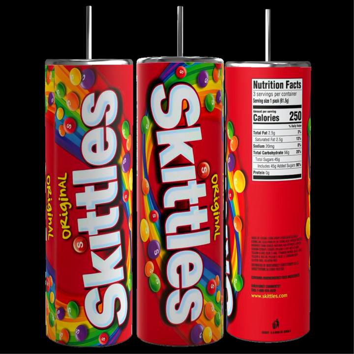 Three tall, cylindrical containers from the Kreative Kreationz brand are displayed. The front features the colorful Skittles logo along with assorted candy images. The middle container shows the back with nutritional facts, while the far left presents a Kreative Kreationz Skittles 20oz Stainless Steel Tumbler that keeps beverages hot or cold.