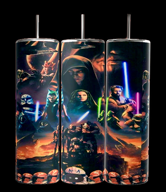 Three tall, cylindrical 20oz tumblers from Kreative Kreationz feature detailed sci-fi-inspired designs. With durable construction, they depict characters wielding glowing swords in futuristic landscapes. Aligned together, these Star Wars tumblers bring imaginative scenes to life.