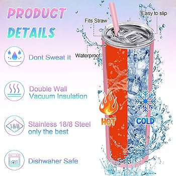 An infographic features the Betty B Coach 20oz Skinny Tumbler by Kreative Kreationz, a sublimated tumbler with straw, spill-proof lid, waterproof design, and double-wall vacuum insulation for hot/cold drinks. Made from dishwasher-safe stainless steel 18/8 against a water-splash backdrop.