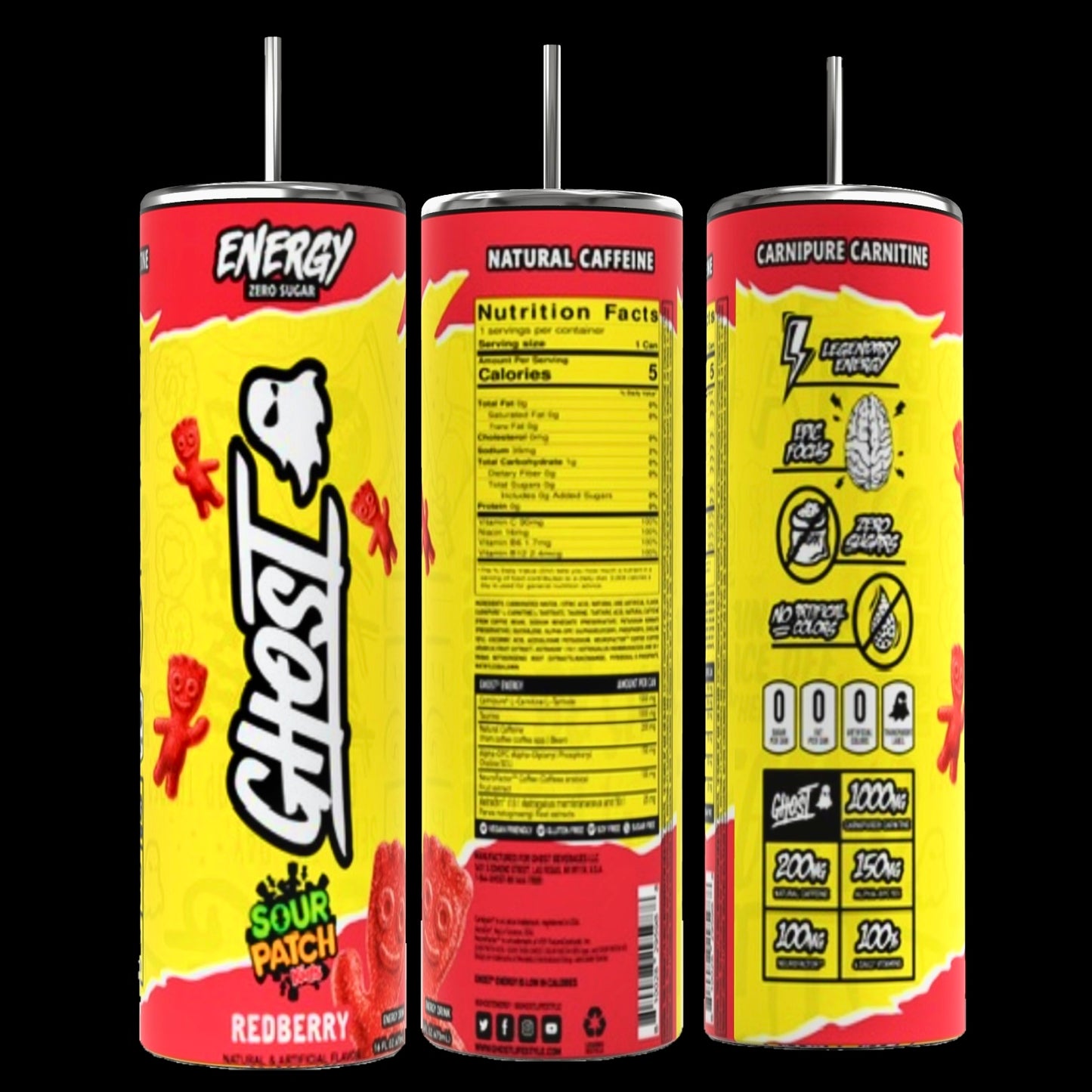 Three cans of Ghost energy drink are displayed alongside the stylish GHOST 20oz Skinny Tumbler with a reusable straw by Kreative Kreationz, perfect for keeping beverages hot or cold. The predominantly yellow cans with red accents feature the "Sour Patch Redberry" flavor. Natural caffeine, zero sugar, and supplement facts are highlighted.