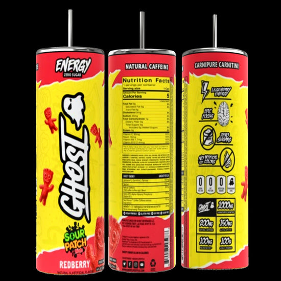 Three cans of Ghost energy drink are displayed alongside the stylish GHOST 20oz Skinny Tumbler with a reusable straw by Kreative Kreationz, perfect for keeping beverages hot or cold. The predominantly yellow cans with red accents feature the 