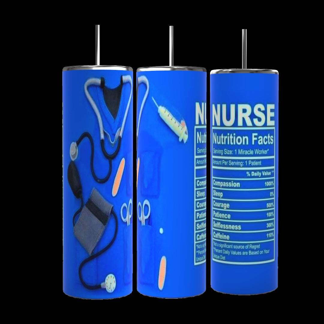 Three blue insulated tumblers with black straws from the brand Kreative Kreationz are shown. The first tumbler has medical tools printed on it. The middle one showcases a syringe and other supplies, while the third features the 'Nurse Nutritional Facts' label listing humorous traits. Each Nurse Nutritional Facts 20oz Tumbler boasts durable construction and a spill-proof lid.