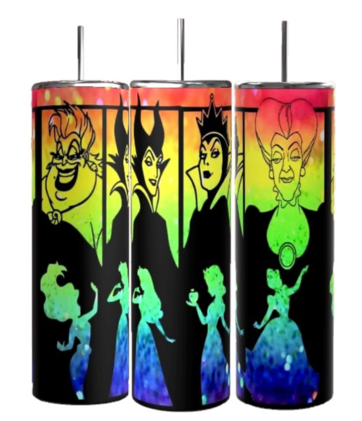 Introducing the Good vs Evil 20oz Tumbler collection by Kreative Kreationz: three vibrant tumblers featuring animated villains like a sea witch, sorceress, evil queen, and wicked stepmother with their princess counterparts against rainbow backgrounds. Durable and eye-catching drinkware!.