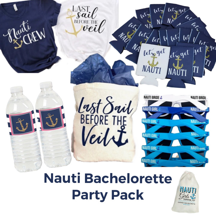 The Kreative Kreationz Nauti Bachelorette Party Bundle for 6 includes "Nauti Crew" and "Last Sail Before the Veil" T-shirts, navy blue koozies with anchor-themed designs, customizable water bottles, bride and bachelorette sashes, and a tote bag featuring the text "Last Sail Before the Veil." This bundle is perfect for your bachelorette party!