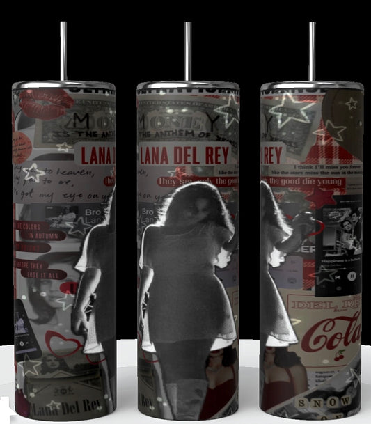 Kreative Kreationz presents the Lana Del Ray Glow Tumbler: Three 20 oz tall cylindrical tumblers with a retro collage of a grayscale woman silhouette, text snippets, stars, and vintage red and gray graphics, perfect for showcasing the Lana Del Ray Glow vibe.