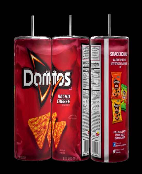 A Doritos Collection stainless steel skinny tumbler, with a sleek 20 oz capacity, sits against a backdrop of Doritos juice pouch costumes that mimic the iconic chip bags of popular flavors: Nacho Cheese and Cool Ranch. The text 