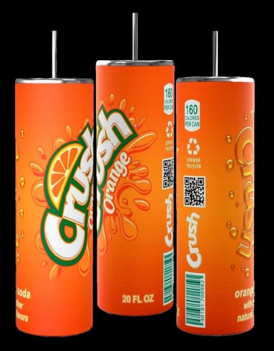 Three 20 fl oz cans of Crush Orange soda are shown against a gray background. The cans are bright orange with the Crush logo and an image of an orange slice. They also display nutritional information stating 160 calories per can, perfect for filling your Kreative Kreationz Crush Orange Soda 20oz Skinny Tumbler with its spill-proof lid.