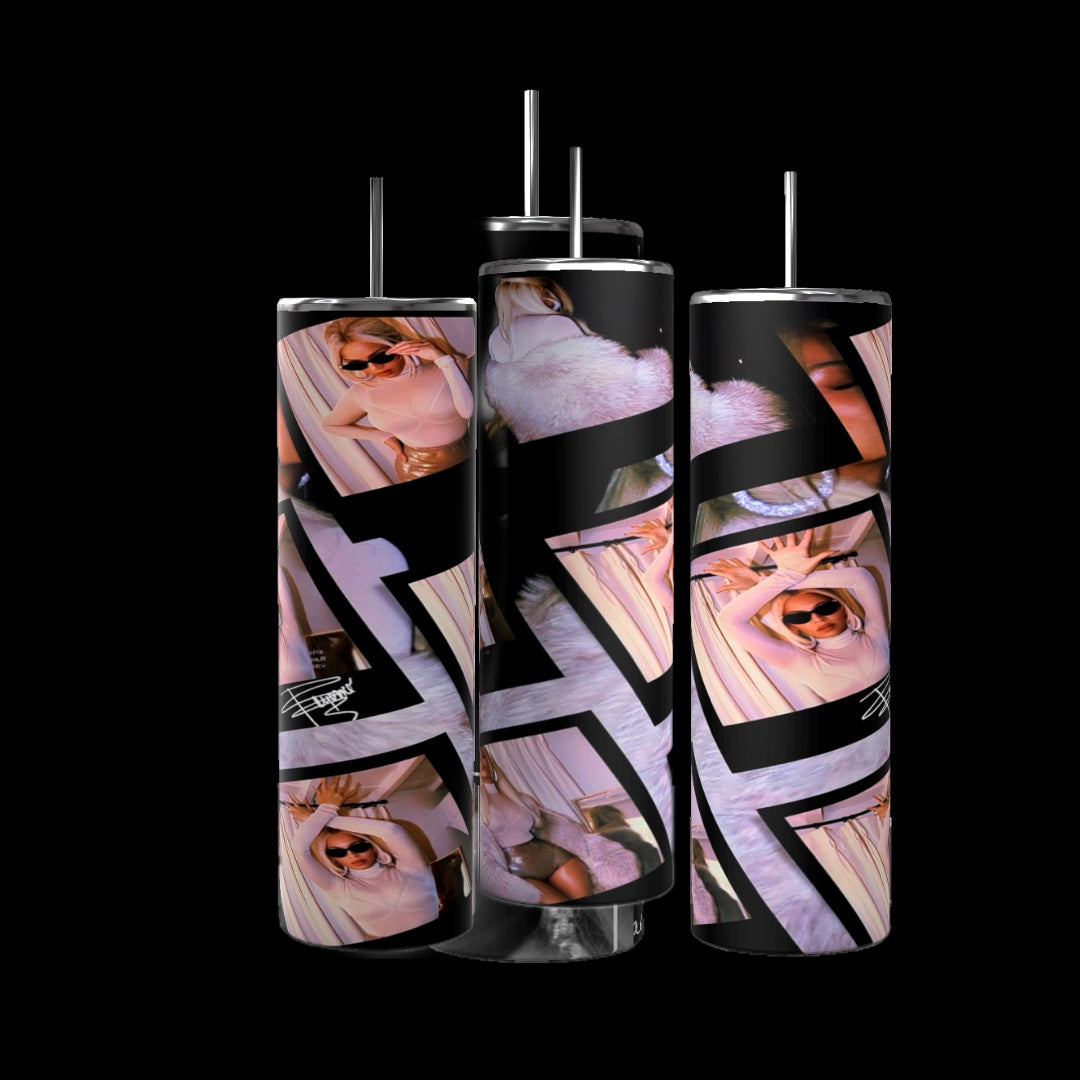 Four tall, slender Beyonce 20oz Stainless Steel Tumblers from Kreative Kreationz with metal straws are displayed against a black background. Each custom tumbler features abstract photo art of a person wearing sunglasses in various poses, overlaid with a geometric black and white design.