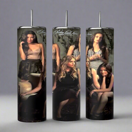 The Pretty Little Liars 20oz Tumblers by Kreative Kreationz feature a trio of tall, cylindrical tumblers adorned with a collage of four women in various poses and the "Pretty Little Liars" text at the top. With durable construction that keeps beverages hot or cold, these tumblers showcase a dark, forest-like background.