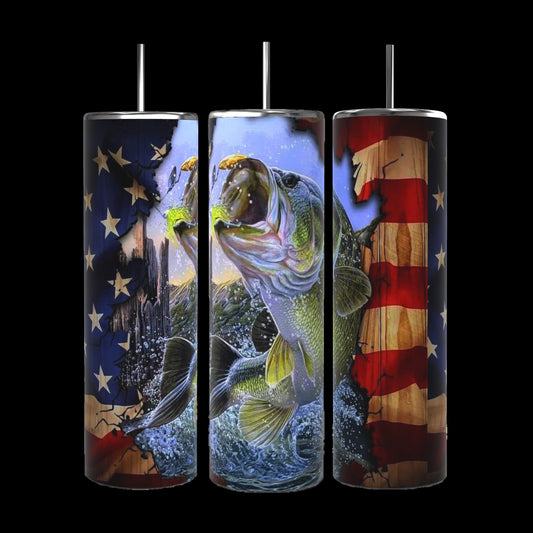 Three 20 oz capacity Fish n Flag Stainless Steel Tumblers by Kreative Kreationz, featuring vibrant American flag designs with a distressed, torn look and dynamic depictions of large-mouth bass fish leaping out of the water amid splashes and underwater scenes. These tumblers keep beverages hot or cold.