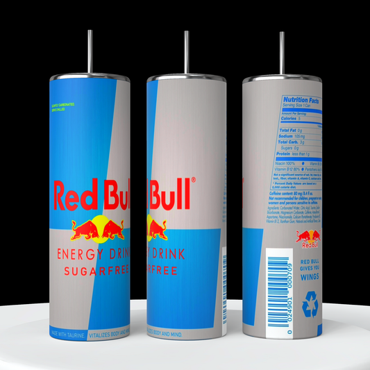 Three tall cans of Red Bull Sugarfree energy drink are displayed against a black background, showcasing their iconic Red Bull logo and branding with the text "Red Bull Energy Drink Sugarfree." The cans' durable construction mirrors that of the Kreative Kreationz Sugar Free Red Bull 20oz Tumbler. Nutritional information on one can is clearly visible.