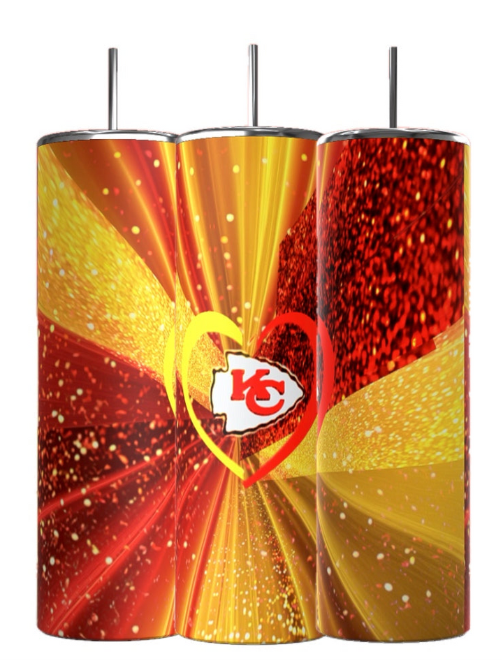 The Chiefs Heart 20oz Tumbler by Kreative Kreationz is a set of three vibrant tumblers with metallic straws, boasting a red and gold design with sparkling effects. The central tumbler is an insulated stainless steel piece that features a heart shape encompassing the outline of a state in bold red letters—ideal eco-friendly drinkware for Kansas City Chiefs fans.