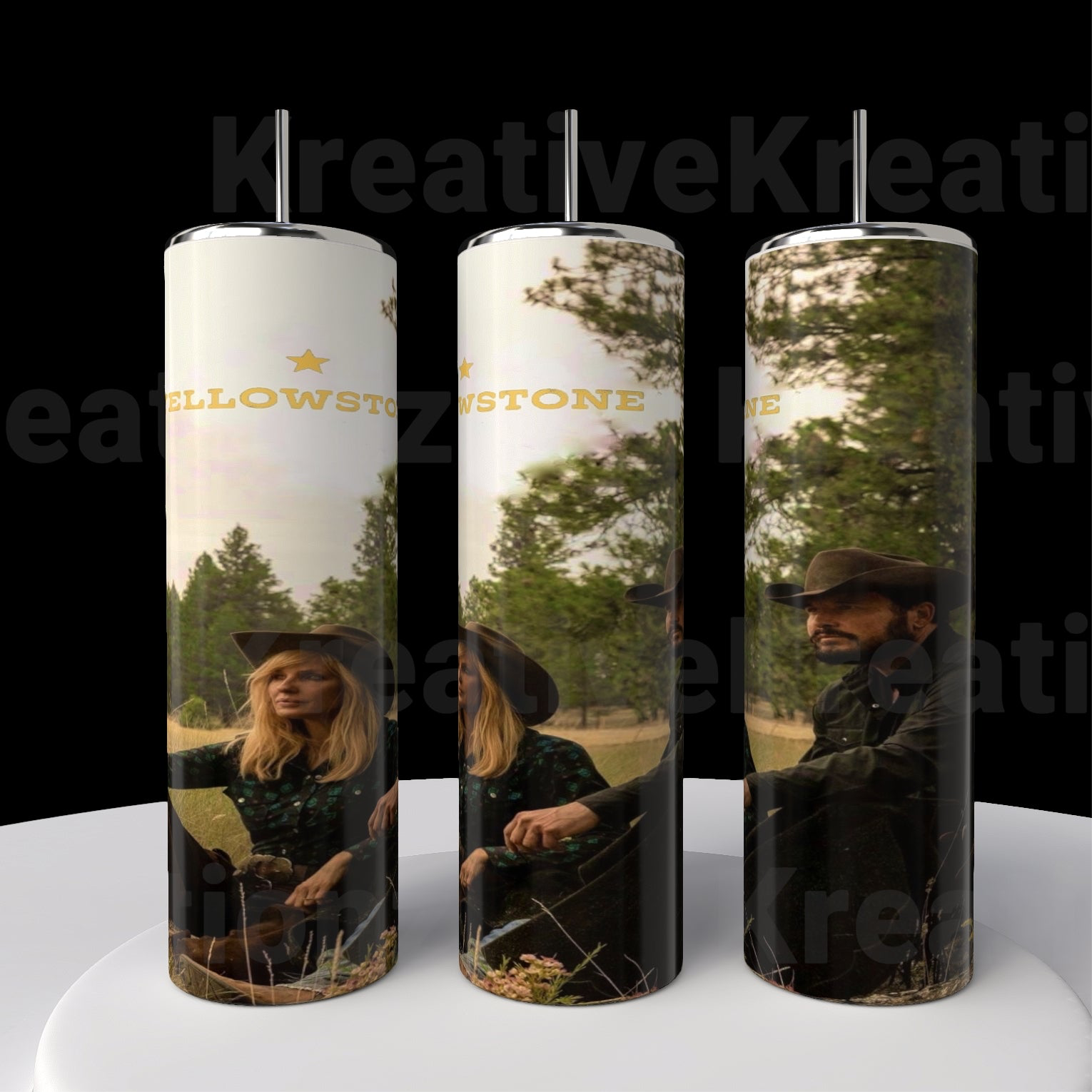 The Kreative Kreationz Yellowstone 20oz Tumblers showcase images of a woman and man in outdoor attire amidst trees and grass. "Yellowstone" in gold adorns the top, with a durable, stylish stainless steel design.