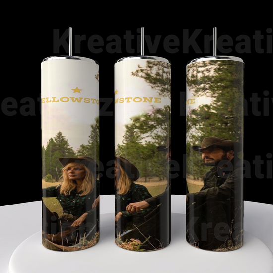 The Kreative Kreationz Yellowstone 20oz Tumblers showcase images of a woman and man in outdoor attire amidst trees and grass. 