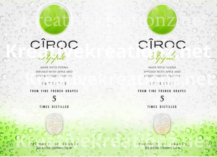 Under the brand Kreative Kreationz, the Ciroc Tropical Template 4 pack includes SVG, DTF transfer, and PNG files ideal for tumbler wrap designs. Among them are two digital renderings of CÎROC vodka bottles with an apple flavor theme, featuring a vivid green apple graphic. The design emphasizes that the vodka is crafted from fine French grapes and distilled five times, complemented by water droplets to enhance its fresh appeal.