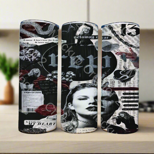 Three 20oz Skinny Tumblers by Kreative Kreationz, named "Rep Collage | Taylor Swift," display a collage of a woman, roses, snakes, and phrases like "getaway car" and "reputation." With strong construction and spill-proof lids, they stand against blurred green plants and a neutral wall.