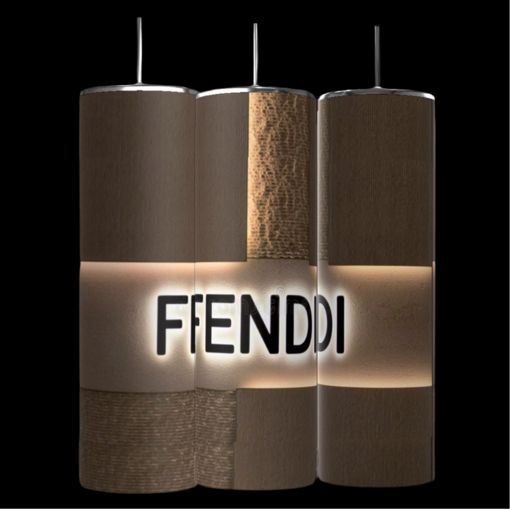 A group of cylindrical objects with text, including a FENDI 20oz Skinny Tumbler by Kreative Kreationz, featuring double-wall insulation for optimal temperature retention.