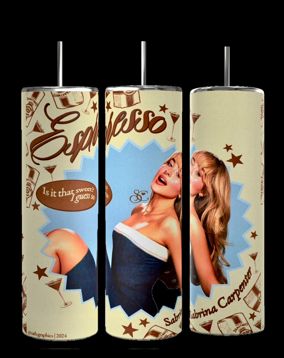 A collage featuring ten panels of various designs, primarily in blue and brown shades, promoting the "Sabrina Carpenter | Expresso Collection of 20oz Tumblers" from Kreative Kreationz. Each panel displays a woman in different poses with coffee-themed graphics and text like "S. Pressso out now." Discover the durable construction and stylish design of these 20 oz tumblers. Vertical text on the right reads "Sabrina Carpenter Expresso.