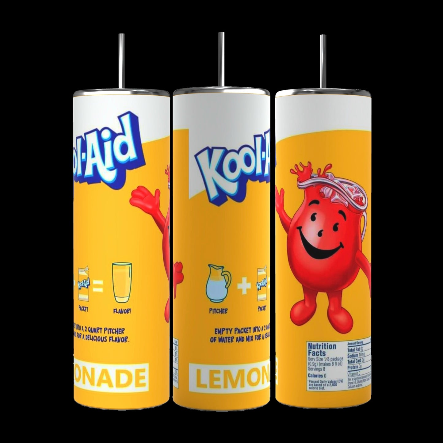 Three cans of Kool-Aid Blue Raspberry Lemonade are arranged in a row on a kitchen counter. The label features a cartoon Kool-Aid Man holding a pitcher. Each can states "Caffeine Free" and displays nutrition facts. Nearby sits a Kreative Kreationz's Kool Aif 20 ounce skinny tumbler with a spill-proof lid, perfect for keeping your beverages hot or cold.