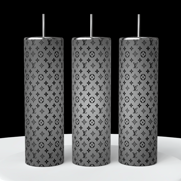 The LV Ombre 20oz Skinny Tumblers from Kreative Kreationz feature a black and gray monogram pattern on a white backdrop set against a black background. Each double-wall stainless steel tumbler is equipped with a straw, offering both style and functionality.