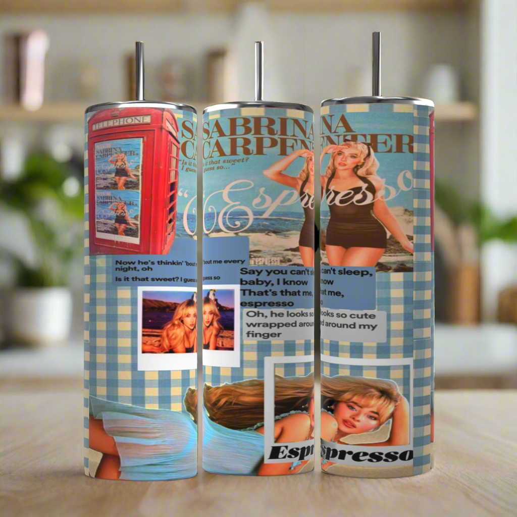 The Kreative Kreationz Expresso 20oz Stainless Steel Tumbler showcases a collage featuring a retro red telephone booth, a checkered background, and various images and text. Prominent visuals include a woman in a bikini, a portrait of another woman, and coffee motifs scattered throughout its design—all complemented by its spill-proof lid.