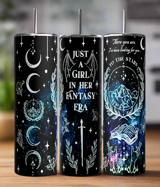 The collection from Kreative Kreationz includes three black 20 oz tumblers with celestial and mystical designs. The first tumbler sparkles with moons and stars, the second features the text "Just a Girl In Her Fantasy Era" together with dragon and sword motifs, while the third displays constellations alongside the phrase "To the stars," all crafted for durability.