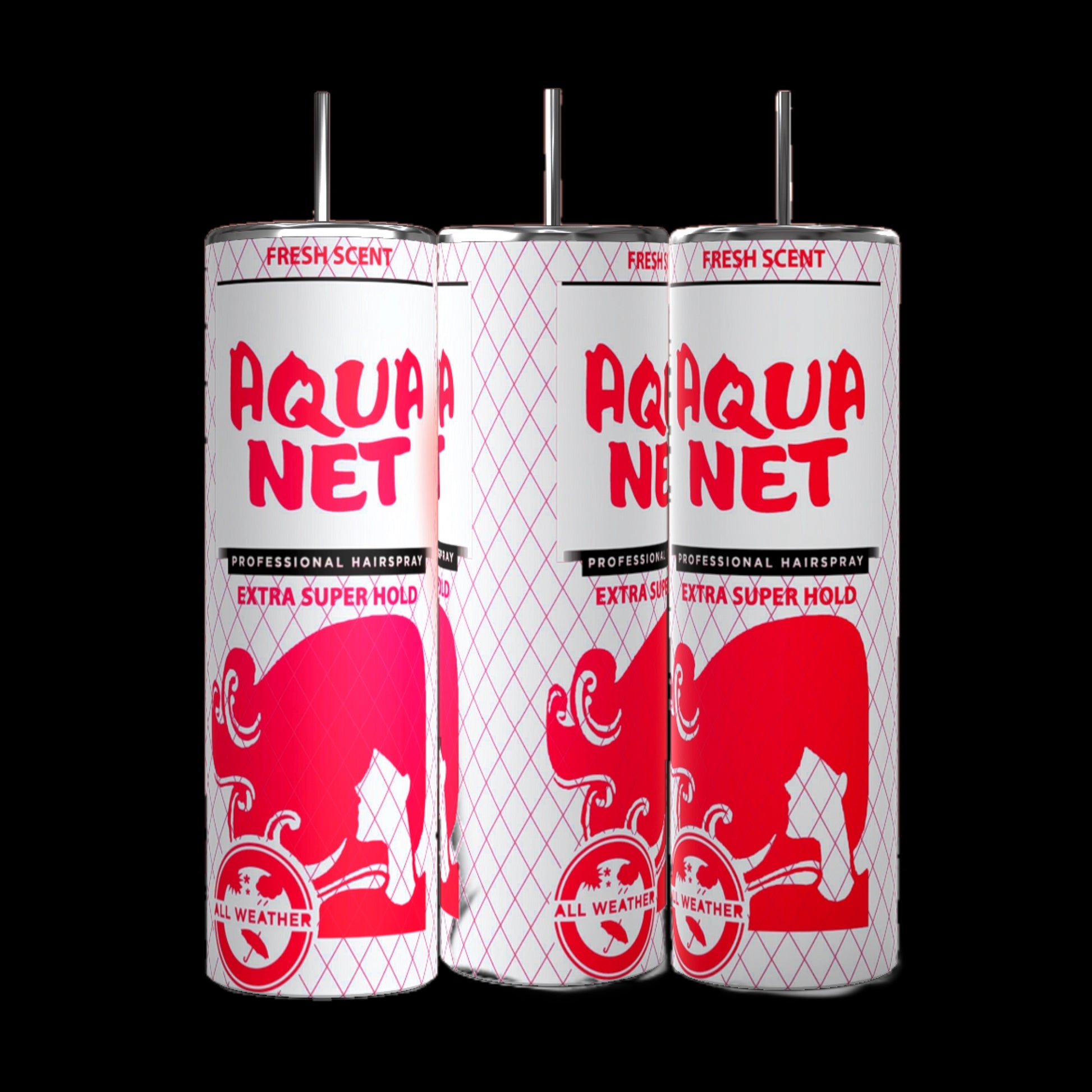 Three cylindrical cans of Aqua Net Professional Hairspray, Extra Super Hold, stand upright in a row like Aqua Net Double Sided 20oz Tumblers from Kreative Kreationz. The cans are white with red lettering and feature a graphic of a woman with stylized hair. The label mentions "Fresh Scent" and "All Weather" suitability.