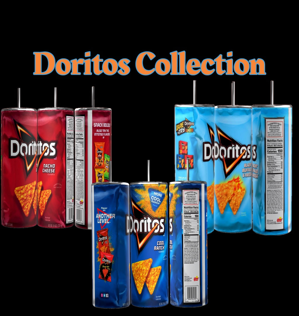 A Doritos Collection stainless steel skinny tumbler, with a sleek 20 oz capacity, sits against a backdrop of Doritos juice pouch costumes that mimic the iconic chip bags of popular flavors: Nacho Cheese and Cool Ranch. The text "Doritos Collection" is prominently centered at the top in vivid orange and blue. This eye-catching product from Kreative Kreationz is sure to be a hit with Doritos fans.